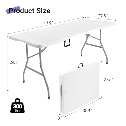 Image of Byliable Folding Table 6ft, Heavy Duty Portable Plastic Fold-in-Half Utility Table with Carrying Handle for Indoor Outdoor, Camping Picnic Party, White