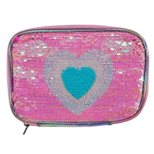Genérico Estojo Escolar Necessaire Grande Quadrado Design em Paetê Reversível Brilhoso com Duas Faces (Coração)