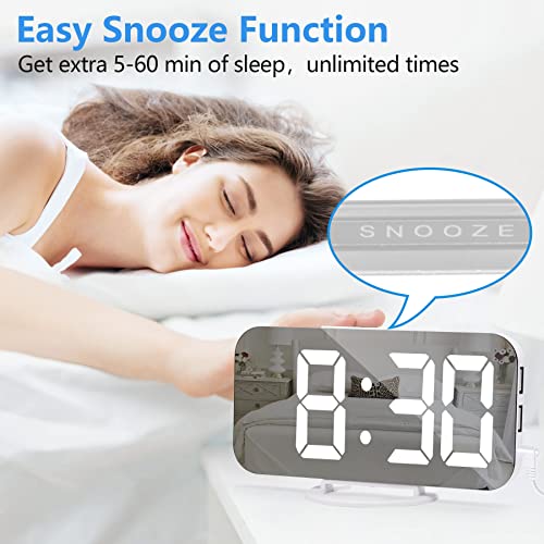 Digital Alarm Clock, Led Mirror Alarm Clock For Bedroom, With Dual Usb Ports, 3 Level Brightness, Auto Dimming, Night Mode, Easy Snooze, Bedroom Decor Aesthetic, For Home, Office (White) #TOP5