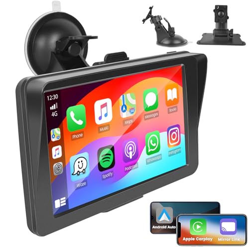 Hikity Portable Wireless CarPlay Android Auto Screen, Car Stereo 7 inch Touchscreen Radio CarPlay Screen for Car, Audio Receivers with BT GPS Navi Mirror Link AUX/FM Voice Control