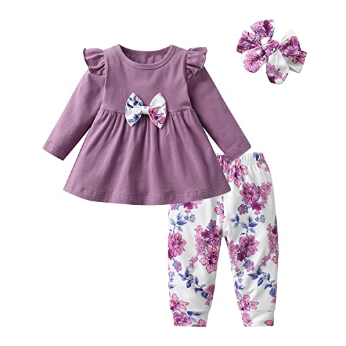 Joureker Infant Baby Girl Clothes Long Sleeve Ruffle Tops and Floral Printed Pants Toddler Baby Girl Outfits Sets, Purple, 2-3 Years(110)
