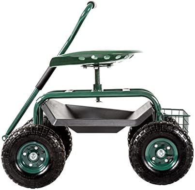 Outdoor Garden Cart with Swivel and Height Adjustable Seat, Rolling Cart with Tool Tray and Storage Basket, Work Seat with Wheels for Gardening, Planting, Lawn, Green