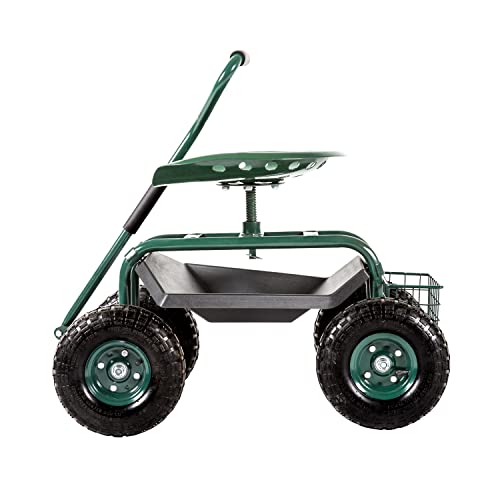 Outdoor Garden Cart With Swivel And Height Adjustable Seat, Rolling Cart With Tool Tray And Storage Basket, Work Seat With Wheels For Gardening, Planting, Lawn, Green #TOP1