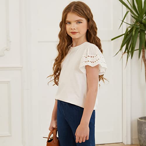 Image of blibean Girls Summer Short Sleeve Shirts Cotton Tops Size 4-15 Years Old | Kids Fashion Causal Solid Color Tee, Cute Ruffle Crewneck Basic Blouse, Flowy Clothes for Tween Teen Girl, Soft Breathable