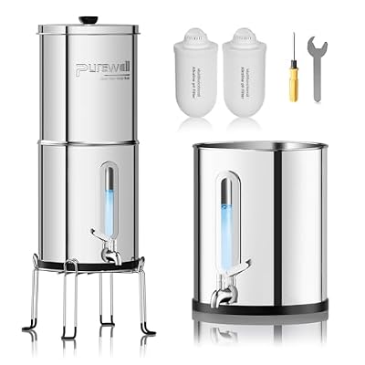 Purewell Upgraded 9-Stage Gravity Water Filter System with Water Level Window, 0.01?m Ultra-Filtration Countertop System with 2 Filters and Stand, pH 8-9, Reduce 99% Chlorine, BO-PH-2.25G