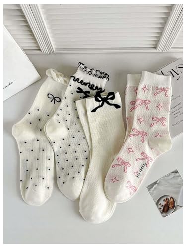 Floerns Women's 4 Pairs Bow Print Crew Socks Cute Comfy Frilly Sock3