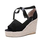  Minetom Espadrilles Keilabsatz Damen Sommer Hoher Absatz Wedge Badesandale Peep Toe Plattform Sandalen mit Bändern zum Schnüren Boho Geflochtene Schwarz 38 EU