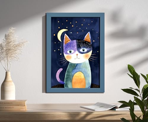 クレバーキャット〈賢い猫〉アニマル図 日本製 A４サイズ ポスター ギャラリー品質 壁掛け 絵画インテリア 記憶力 聡明 三日月 夜空 月夜 ねこ (フレームなし) [3]