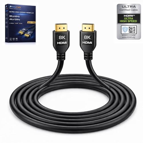 PrimeCrafts HDMI Cable – 6.6FT Certified Ultra High Speed 48Gbps 2.1 Cord 8K 60HZ & 4K 120HZ HD, eARC/ARC Flexible, Audio & Video for Gaming Home Cinema Laptop Projector Compatible with PS5 & Apple TV