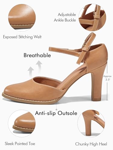 Image of Coutgo Womens Chunky High Heels Closed Pointed Toe Ankle Strap Pumps Vintage D'Orsay Dress Party Shoes