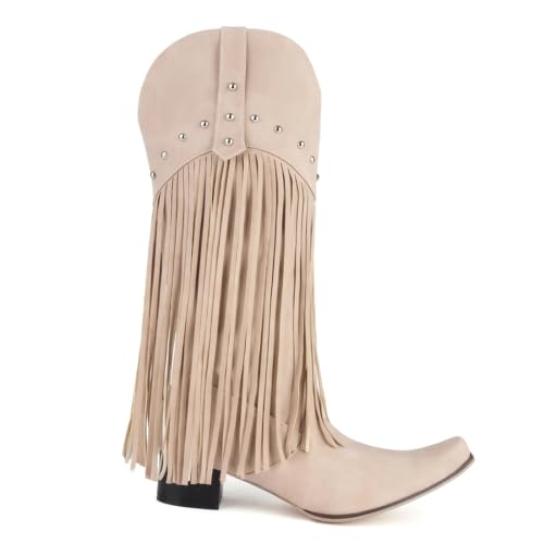 Image of KiutSymo Mid Calf Fringe Boots For Women Cowboy Pointed Toe Chunky Heels Cowgirl Western Tassel Boots