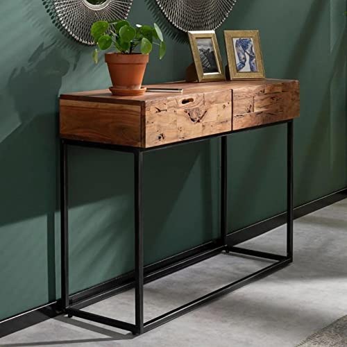 Ringo-Living Massivholz Konsolentisch mit Schubladen, Konsolentisch Holz für Wohnzimmer & Schlafzimmer, Sideboard Holz Massiv, Hochtisch Büro, Schminktisch schmal, Vintage Konsolentisch Industrial