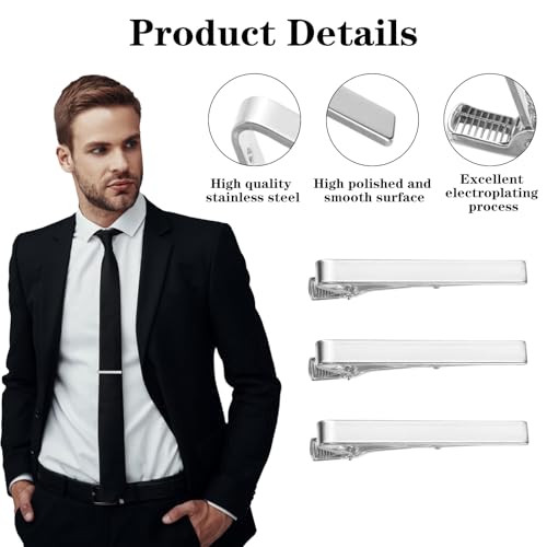 3 Pack Tie Clips for Men, 2.2Inch Tie Bar, Silver Tie Pin, Classic Business Men's Skinny Tie Clips for Wedding Dad Boyfriend Husband Anniversary Men Tie Accessories Gift4