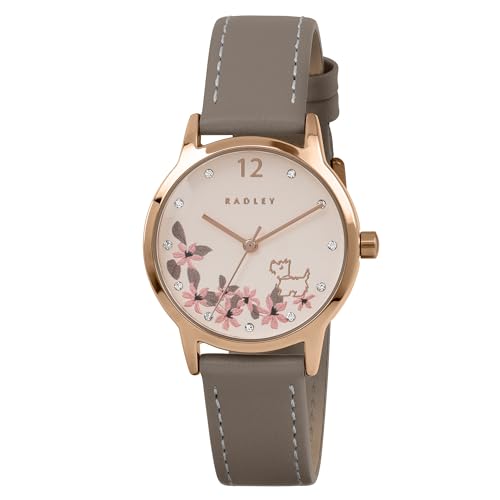 Image of RADLEY Women's Rose Gold Plated Floral Dog Dial Coffee Leather Strap Analogue Watch RY22030A