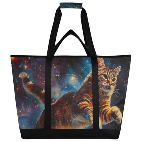 Bolsa térmica aislada con diseño de gato volador en el espacio, plegable, reutilizable, para alimentos