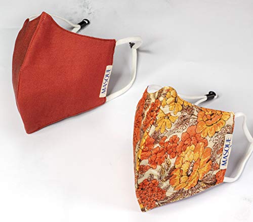 Silk Face Mask; 3 Ply with an adjustable loop, Washable, Reusable, Breathable Cotton Inner Layer and Non-Woven Middle Layer; MASQUE: Orange Bouquet + Brick Red (Pack of 2)