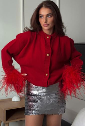 Image of Red Elegant Feather Cuff Cardigan for Women: Stylish Buttoned Sweater with Soft Feather, Stylish Lightweight Knitwear