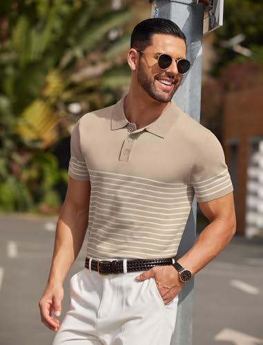 COOFANDY Men's Knit Polo Shirts Short Sleeve Striped Golf Polo Shirts Lightweight Casual Collared T Shirt4