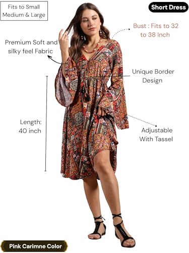 KE KANHA EXPORTS Dress for Woman|Boho Dresses for Women|Beach Wear|Border Print|Adjustable Tassel at Waist|Vacation Boho Casual|Multicolor|Easily fits S-M-L|Bust 32-38 in|Length 40 in