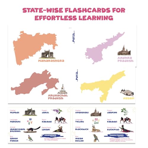 Image of India Map Puzzle for Kids 5+ Years | 48 Piece Jigsaw Puzzle with 28 Flash Cards | Educational Toy, Learning Game, Vibrant Design, Brain Development Gift for Boys & Girls