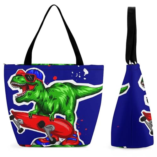 Sac shopping dinosaure planche à roulettes en toile 28x32 cm