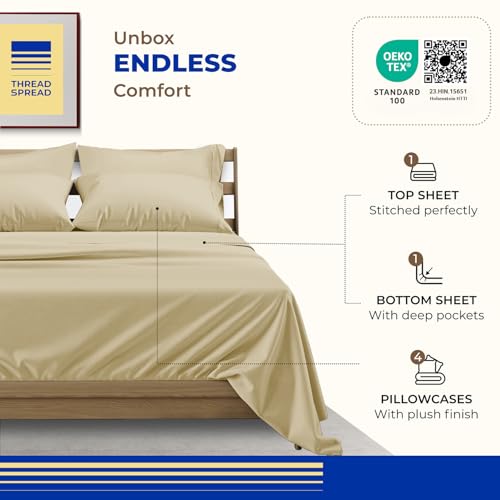 Image of THREAD SPREAD California King Bed Sheets, Luxury 1000 Series Paradise Collection 100% Egyptian Cotton Cal King Sheets Set (6 PC, Sand), Soft, Cooling, Sateen, 16 inch Deep Pocket Hotel Sheet Set