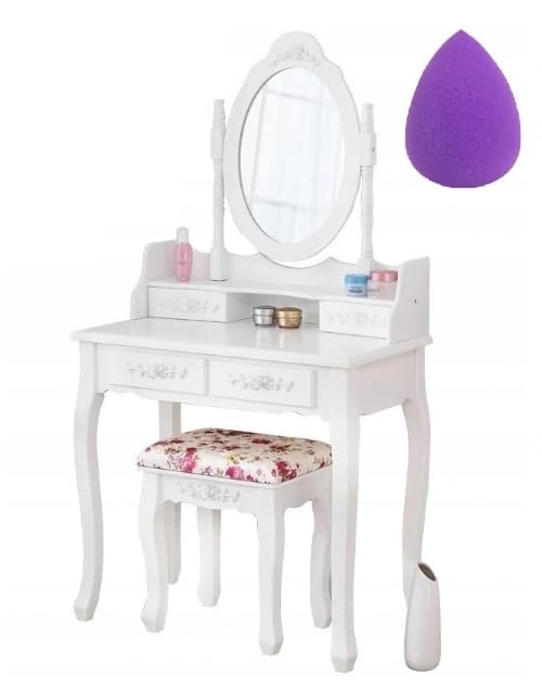 BDW TL01 Toeletta - con specchio, cassetti e sgabello - Tavolino - per camera da letto, cameretta dei ragazzi -Tavolo da trucco - Tavolo da toeletta - Tavolo per cosmetici - Stile vintage - Bianco