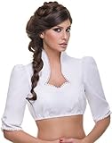 Almbock Dirndlbluse hochgeschlossen weiß - Elegante Dirndlbluse Stehkragen mit Borte an Ausschnitt und Ärmel - Dirndlbluse weiß 44 - Modell Monic B227