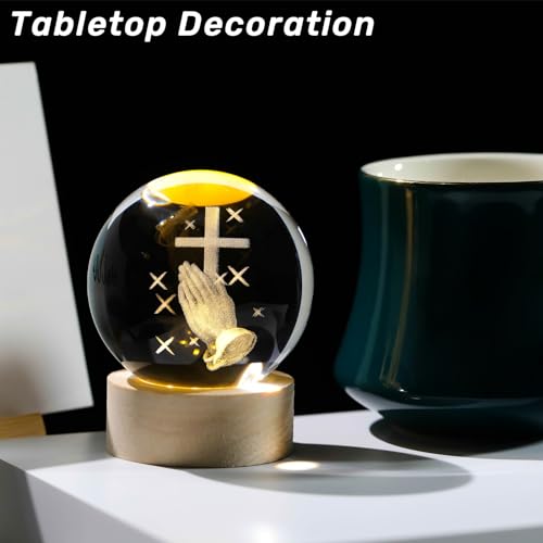 Arikyrist 3D Cross Crystal Ball Figurine with Wooden Light Base, Laser Engraved Praying Hands Religious Gifts for Women Men, Christian Gifts Crystal Cross Night Light Home Decor