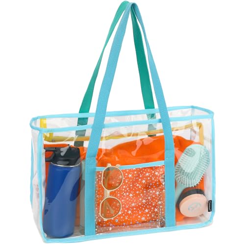 Image of Fammart Clear Beach Bag for Women, Large Pool Tote Cruise Vacation Essentials - Zipper Closure, Waterproof, Sandproof