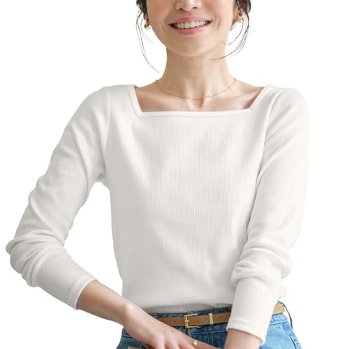 [神戸レタス] ロンT Tシャツ ティーシャツ カットソー レディース 長袖 リブTシャツ トップス オフィス [C3655] XL newスクエアネック オフホワイト