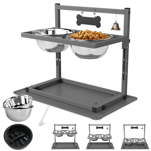 SHAINFUN Grey Raised Dog Bowl Stand with Two 1700ml Stainless Steel Food Bowl, a Slow Feeder and...