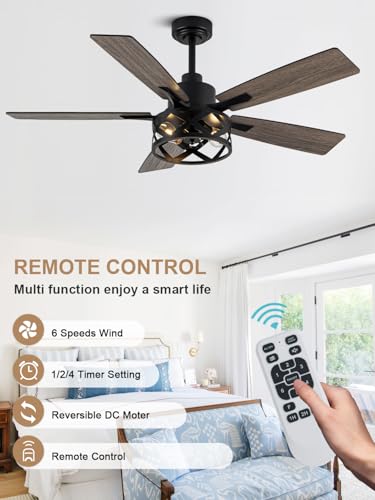 Image of 52 Inch Farmhouse Ceiling Fan with Lights Remote Enclosed Caged Fandelier Ceiling Fan Black Rustic Chandelier, 5 Dual Blades, Reversible Quiet DC Motor 6 Wind Speeds Timer for Bedroom Patio