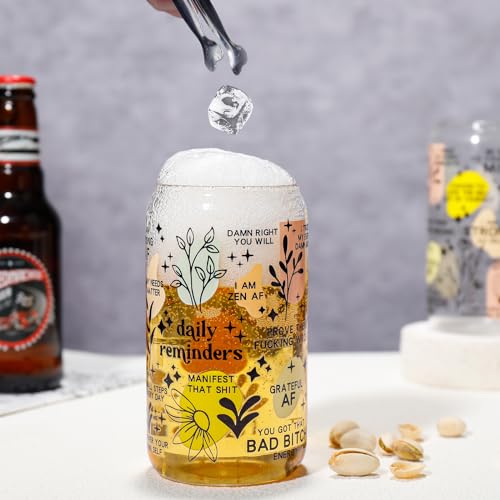 DWTS DANWEITESI Glass Cups with Lids and Straws with Design 4 pcs（Daily Reminder）,Clear Glass Cups 16 oz-Glass Tumbler,Cute Design Glass Iced Coffee Cups Mental Health Positive