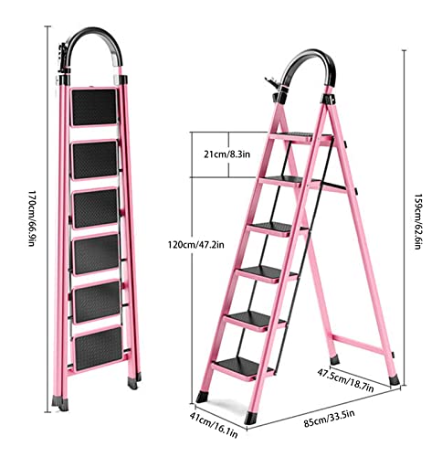 6-Step Ladder Foldable Step Stool Ladder Steel Ladder Anti-Skid Pedal Side Tool Holder 550Lbs Load Capacity Large Ladder For Adults Portable Ladders For Kitchen And Household (Color : Pink) #TOP6