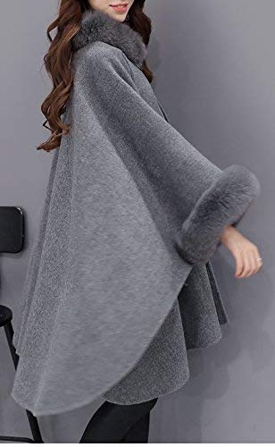 Poncho feminino de frente aberta Cicilin com camadas de acabamento de pele sintética, Cinza, XL