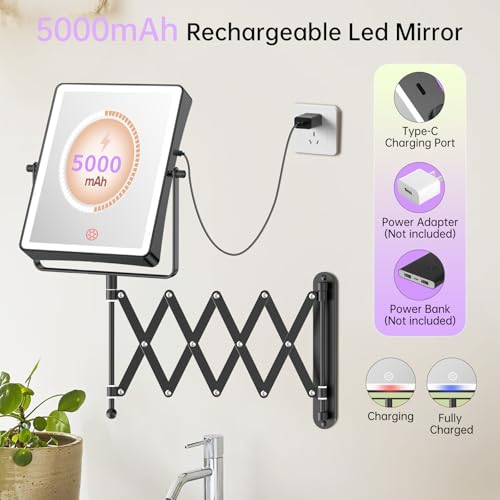 Famihomii 5000mAh Wiederaufladbar Kosmetikspiegel mit LED Beleuchtetung, 8,7 Zoll beidseitig 1X/30X Vergrößerung kosmetikspiegel wandmontage,3 Farbtemperaturen, Dimmbarer,360° Schwenkbar (Schwarz) 2
