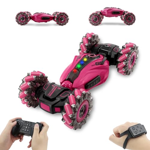 RC Stunt Car, 2.4GHz Remote Control Gesture Sensor Toy Cars, Double Sided Rotating Off Road Vehicle 360° Flips with Cool Lights, Spray， Music，for Boys and Girl 8-12 Year Old（Purplish red）