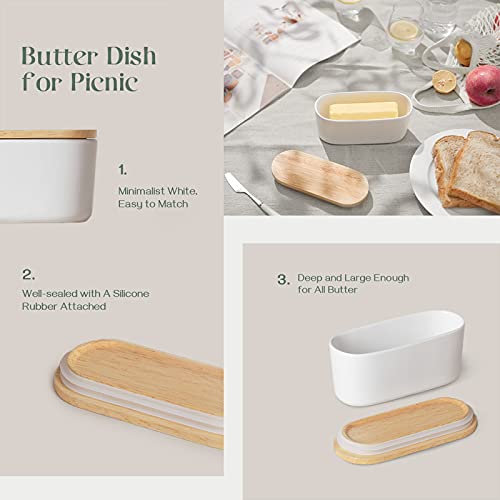 Dowan Porcelain Butter Dish, Covered Butter Container With Wooden Lid For Countertop, Airtight Butter Keeper With Covers For East West Coast Butter, White #TOP6