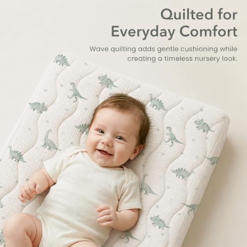 Image of Konssy Waterproof Muslin Changing Pad Cover 2 Pack, 100% Cotton Quilted Diaper Changing Table Sheets, Soft Breathable Boho Nursery Bedding for Baby (Baby Green Plaid,Green Dino)