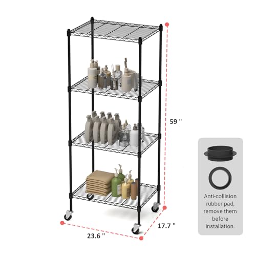 Image of 4 Tier Storage Shelves with Wheels, Heavy Duty Metal Garage Shelving Unit and Adjustable Feet, 865lb High Capacity Rolling Storage Shelf for Kitchen, Office, Dining Room (23.6 inchx 17.7 inchx 59 inch), Black