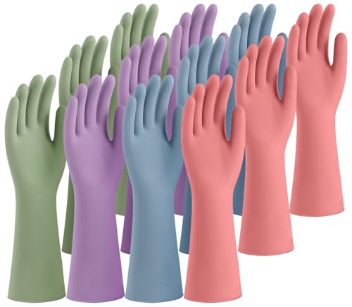 Rubber Cleaning Gloves for Dishwashing, 12 Pairs Reusable Kitchen Gloves for Washing Dishes and Household Cleaning, Colorful Gloves with Flocked Lining and Non-Slip Grip, Perfect for Women Men - L