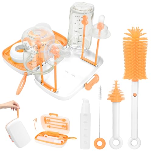 Image of Baby Bottle Brush Set，Essential Travel Bottle Cleaner Kit with Drying Rack，Includes Silicone Bottle Brush, Nipple Brush, Straw Brush, Soap Dispenser and Storage Case，Baby Travel Essential