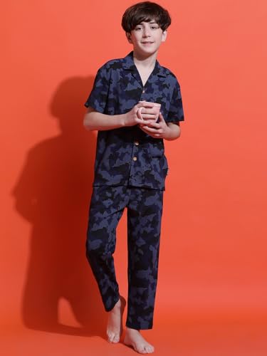 Image of Li'l Tomatoes Boys 100% Cotton Night Suit | Summer Printed Shirt & Shorts Set | Soft & Breathable Sleepwear | 9-16 Years