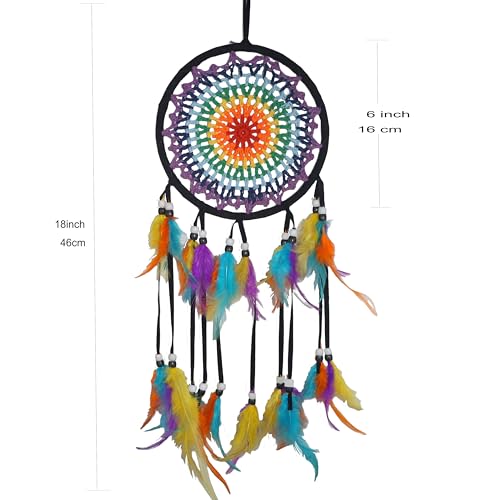 Colorful Dream Catchers, Handmade Feather Native American Circular Net for Kids Boys Girls Bedroom Wall Hanging Decoration Decor Nursery Wall Art Ornament Craft (DC02 Black Rainbow Crochet) - Image 3