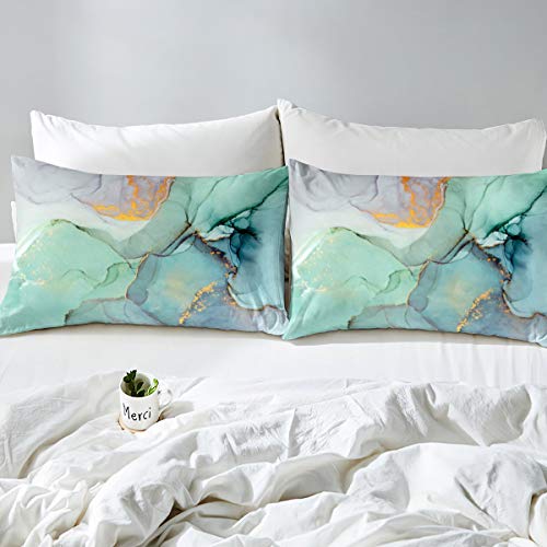 Erosebridal Chic Marble Bedding Set, Teal Blue Marble Duvet Cover For Kids Boys Girls Teens Gold Fluid Stone Comforter Cover Full Size Abstract Art Watercolor Bedspread Cover With 2 Pillow Cases #TOP2