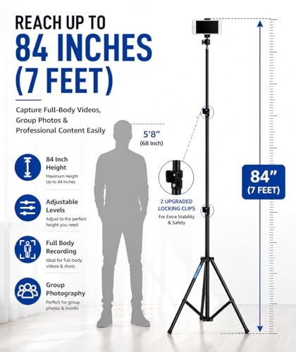Image of Premium Tripod Stand Lightweight & Portable Portable 7 Feet (84 Inch) Long with Adjustable Mobile Clip Holder for All Mobiles & Cameras Stand for YouTube, Facebook and Instagram