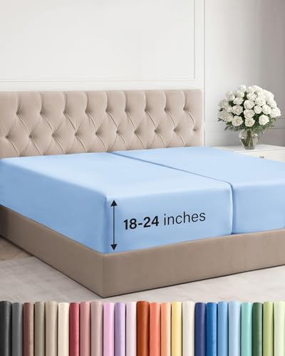 Image of Extra Deep Split King Fitted Sheet - Single Fitted Sheet Only - Light Blue | Easily Fits 18 inch to 24 inch Mattress, Soft, Wrinkle Free, Breathable & Comfy, Extra Deep Pockets Hotel Luxury Fitted Sheet