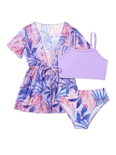 GORGLITTER Girl's 3 Piece Swimsuit Set Tropical Print Triangle Bikini Set with Kimono Cover Up