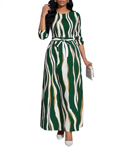 Image of BubFee Long Dress for Women Casual Long Sleeve Dresses Maxi Dress Empire Waist Loose with Belt